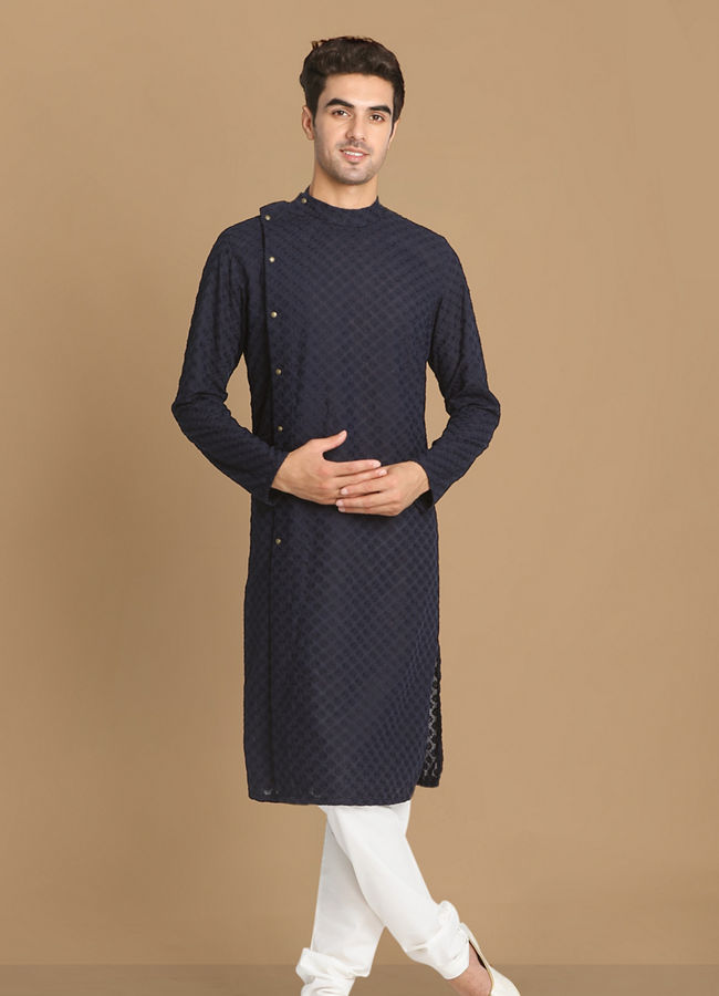 alt message - Manyavar Men Navy Blue Side Open Chikankari Kurta Set image number 1